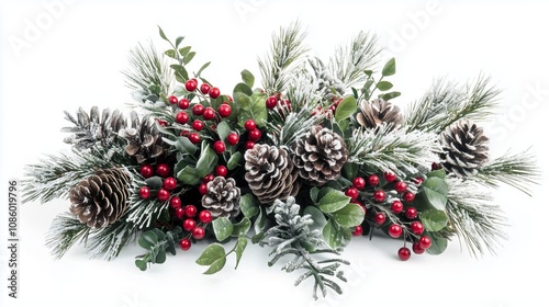 Festive Bouquet with Frosted Pine Branches, Red Berries, and Pine Cones