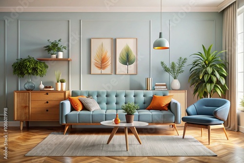 Cozy mid-century modern living room, teal tufted sofa, retro armchair, wooden sideboard, hanging plants, botanical wall art, pendant lamp, herringbone wood floor, pastel blue brick wall, orange accent photo