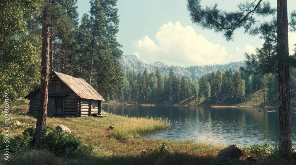 An old wooden cabin in the woods, surrounded by pine trees and a serene lake. An old wooden cabin in the woods, surrounded by pine trees and a serene lake.