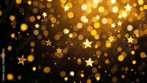 Golden abstract background with a bokeh circle and shiny stars. New year, birthday, holidays celebration. Motion animation