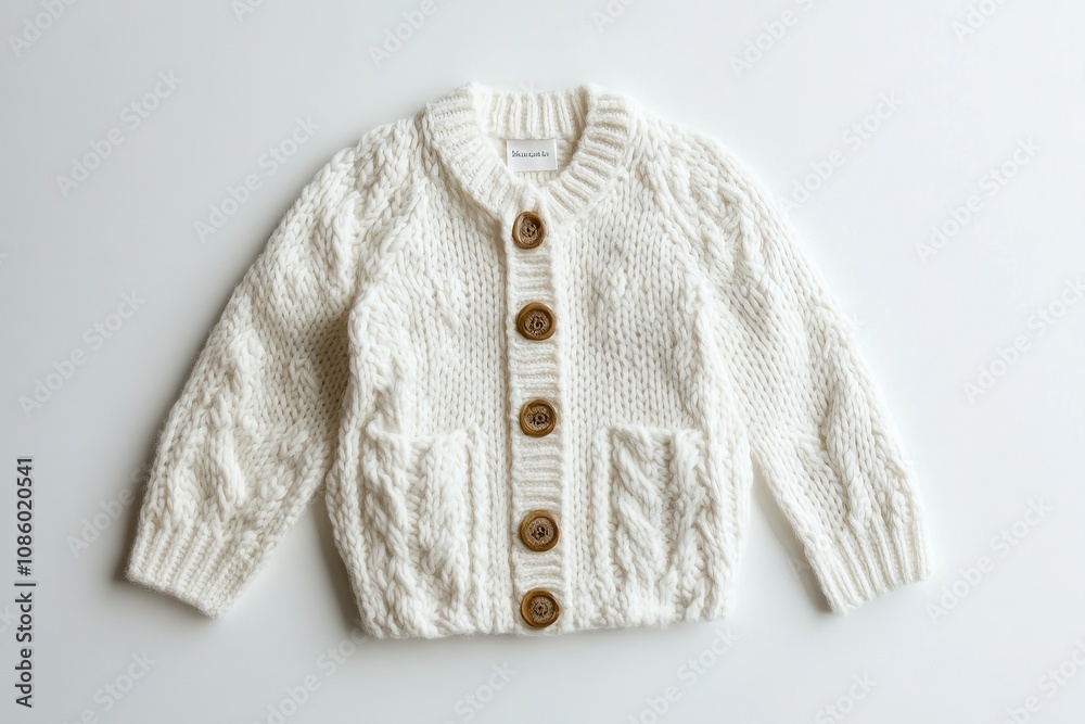 Cream knit cardigan with wooden buttons on white background.