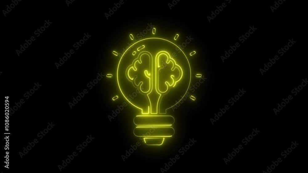 Neon Brain Lightbulb Symbol of Innovative Thinking. Innovative thinking animation on the black background Neon Brain Lightbulb Symbol of Innovative Thinking. Innovative thinking animation on the black background