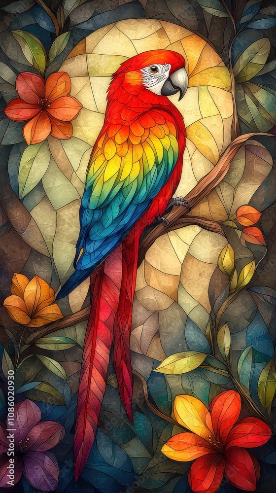 Fototapeta premium A vibrant, stained glass artwork featuring a colorful macaw perched on a branch amidst flowers and foliage.