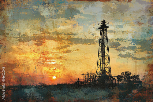 Vintage texas oil derrick silhouetted against sunset sky, rugged terrain. photo