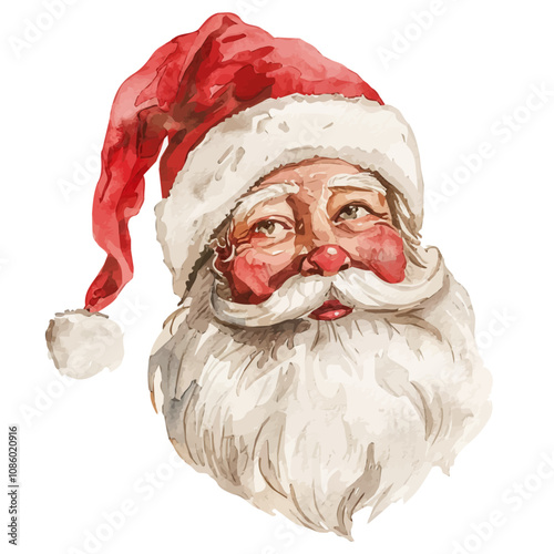 A watercolor of a vintage-style Santa Claus, wearing a classic red suit, white beard, and black boots, carrying a sack of gifts, isolated on a white background. Vintage-style Santa Claus vector.