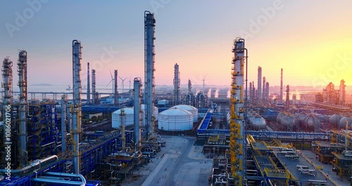 Petrochemical plant industrial buildings sunset landscape