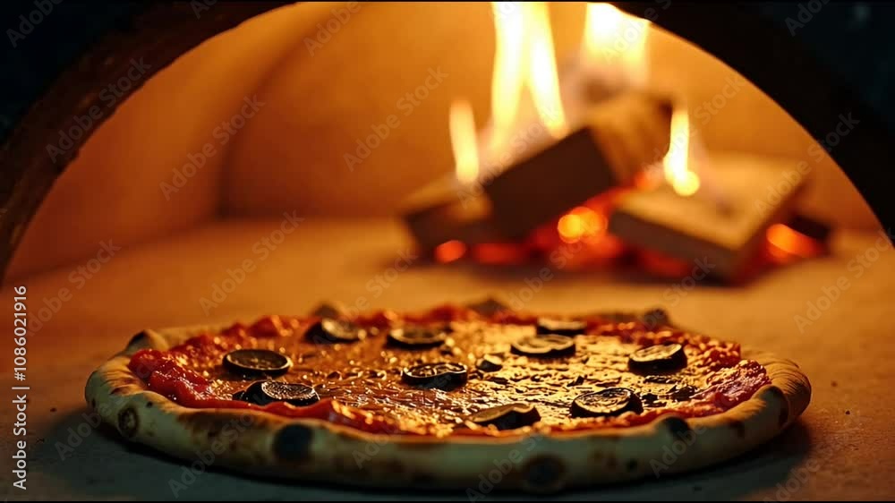 Close-up of a traditional pizza being cooked in a wood-fired oven, with flames in the background