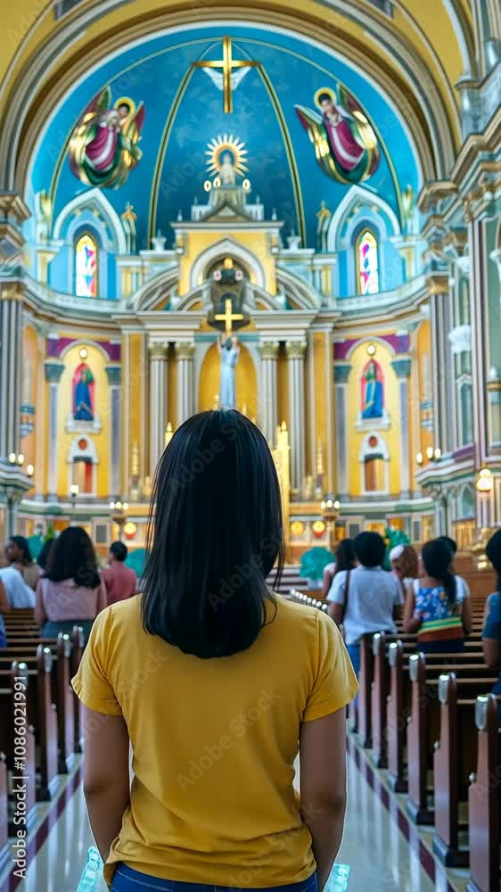A young woman with long dark hair, wearing a mustard yellow t-shirt and jeans, walks towards the altar of a large, brightly colored church A young woman with long dark hair, wearing a mustard yellow t-shirt and jeans, walks towards the altar of a large, brightly colored church