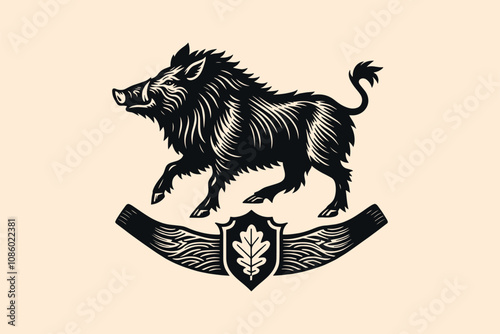 Wild boar. Vintage vector engraving emblem, print, logo
