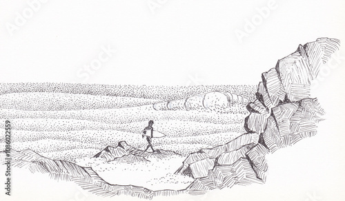 Pen and ink drawing of a surfer heading in to the sea