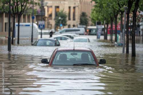 Devastating floodwaters in Valencia submerging streets and vehicles with significant impact on the community