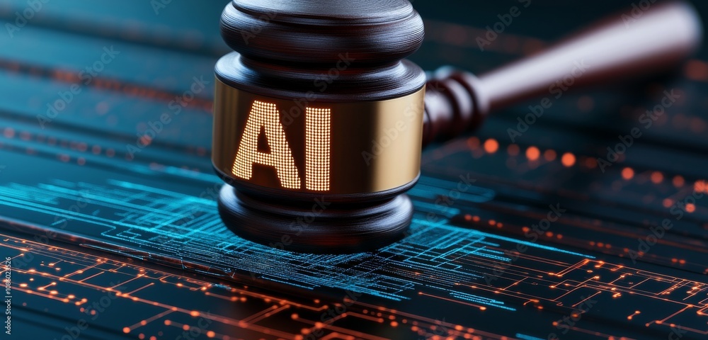 AI Logo with Glowing Letters and Digital Gavel