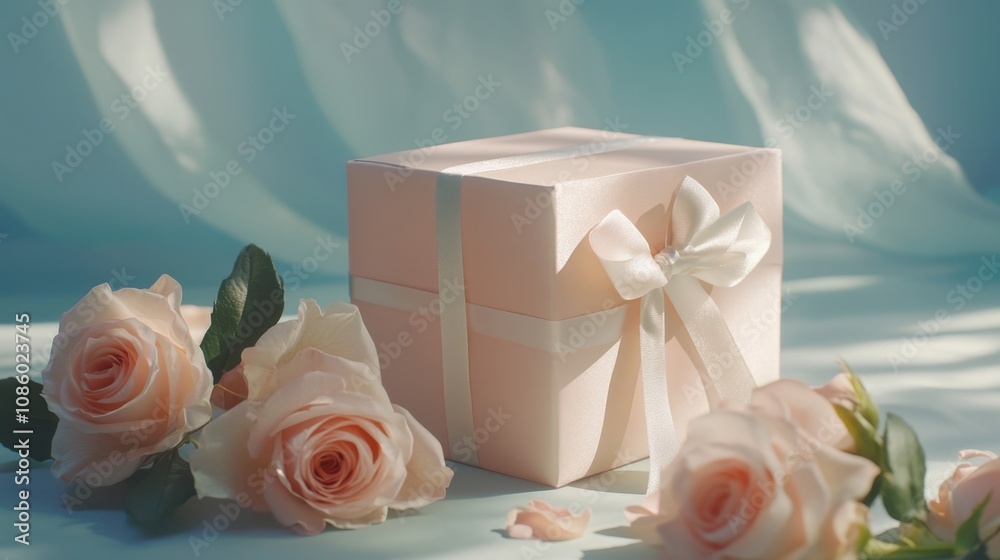 A pink box with a bow on top sits on a table next to a bouquet of pink roses A pink box with a bow on top sits on a table next to a bouquet of pink roses