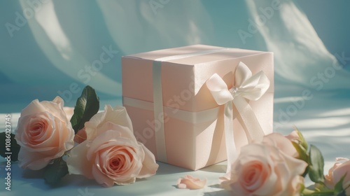 A pink box with a bow on top sits on a table next to a bouquet of pink roses