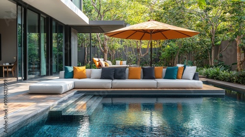 Elegant and Modern Sofa Set by a Tranquil Poolside, Perfect for Outdoor Relaxation and Stylish Gatherings in a Serene Garden Environment
