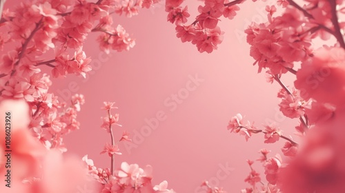 Spring Horizontal banner with sakura flowers. Beautiful nature season background with a branch of blooming cherry. Copy space for text, selective focus