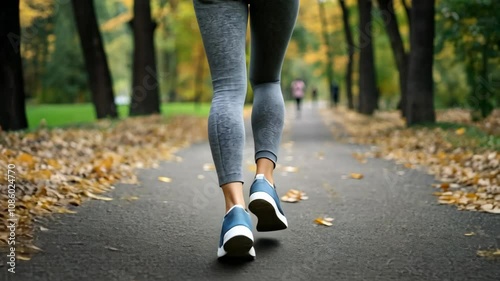 Gray leggings and blue athletic shoes are seen walking on a paved path