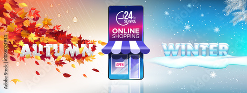 Autumn Winter Sale Online shopping illustration 24 hour service vector banner