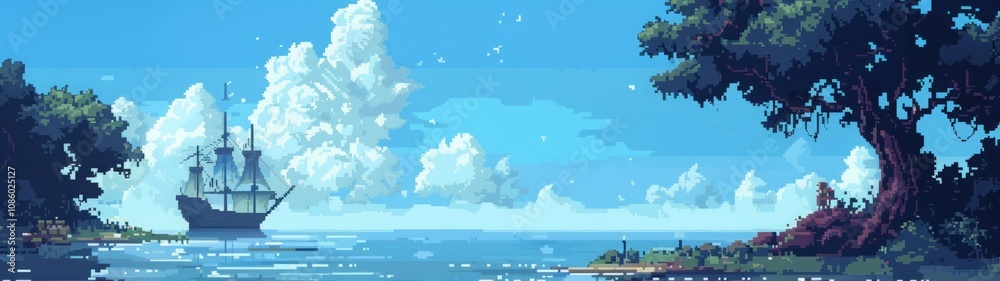 Pixel art tropical seascape with a sailing ship near an island and large tree. Bright and retro-style digital illustration for game design and adventure themes. Generative AI Pixel art tropical seascape with a sailing ship near an island and large tree. Bright and retro-style digital illustration for game design and adventure themes. Generative AI