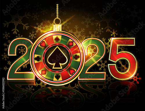 Casino 2025 New Year , poker spade card, vector illustration