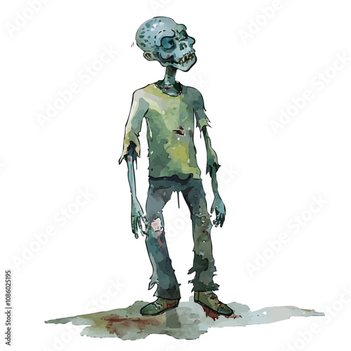 A watercolor vector of a zombie figurine, with tattered clothes, glowing eyes, and an eerie pose, isolated on a white background. Zombie figurine vector.