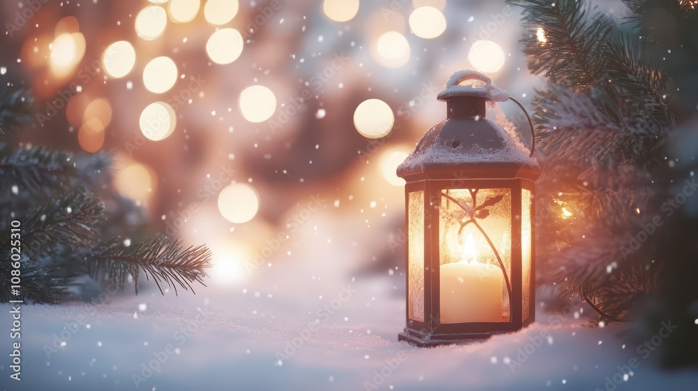 Christmas lantern glowing in snow, surrounded by pine branches and lights.AI Generation
Christmas lantern glowing in snow, surrounded by pine branches and lights.AI Generation