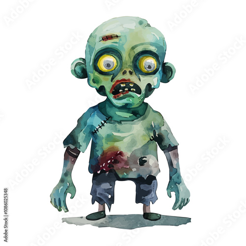 A watercolor drawing of a zombie figurine, with tattered clothes, glowing eyes, and an eerie pose, isolated on a white background. Zombie figurine vector.