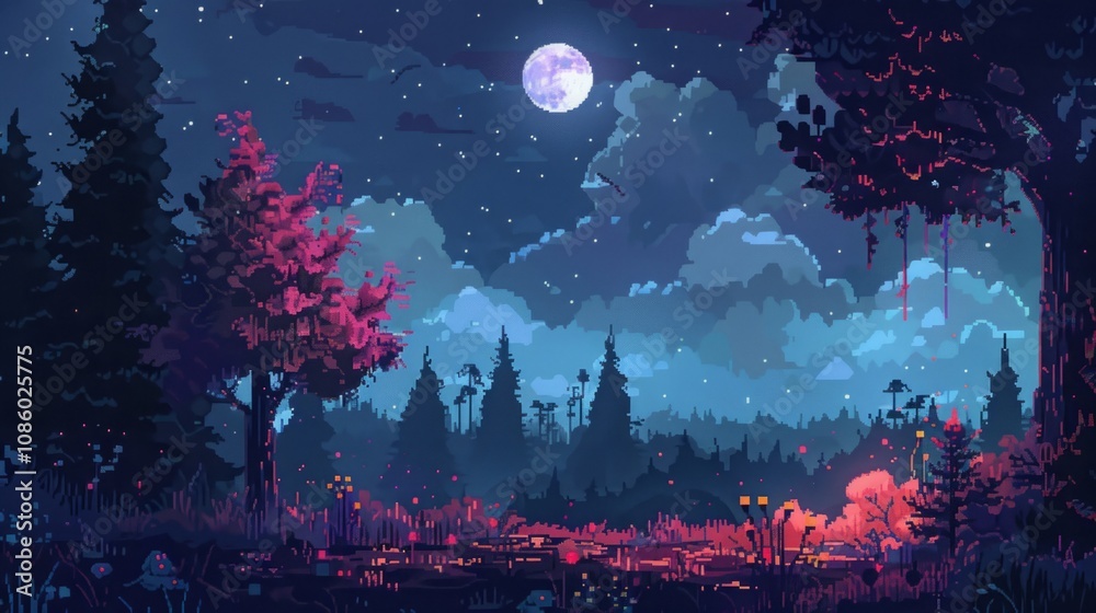 Moonlit forest landscape with glowing trees, cloudy night sky, and stars. Pixel art scenery depicting a tranquil nighttime setting. Generative AI Moonlit forest landscape with glowing trees, cloudy night sky, and stars. Pixel art scenery depicting a tranquil nighttime setting. Generative AI