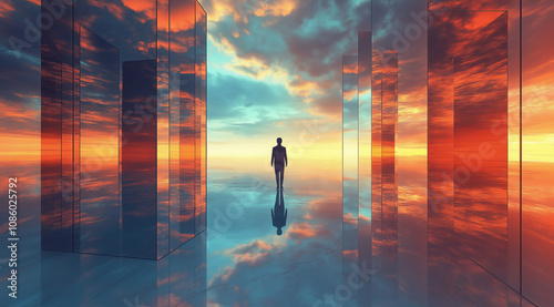 Solitary figure walking towards a bright horizon, reflective modern architecture, spiritual journey, hopeful future