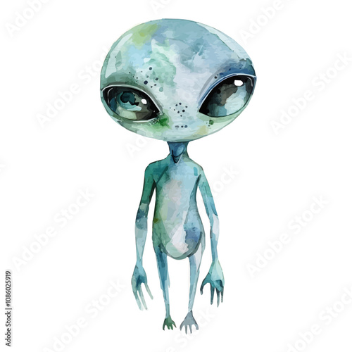 A watercolor vector of an alien figurine, with large eyes, green skin, and an otherworldly pose, isolated on a white background. Alien figurine vector.