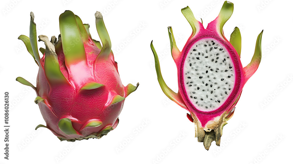 A dragon fruit with vibrant pink and green scales, cut open to show its white interior and black seeds, on a plain png background A dragon fruit with vibrant pink and green scales, cut open to show its white interior and black seeds, on a plain png background