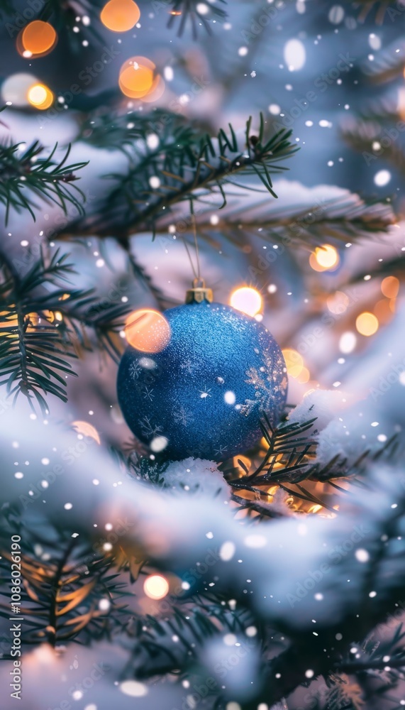 Enchanting winter scene with blue christmas ornament on snowy branch amidst falling snowflakes Enchanting winter scene with blue christmas ornament on snowy branch amidst falling snowflakes
