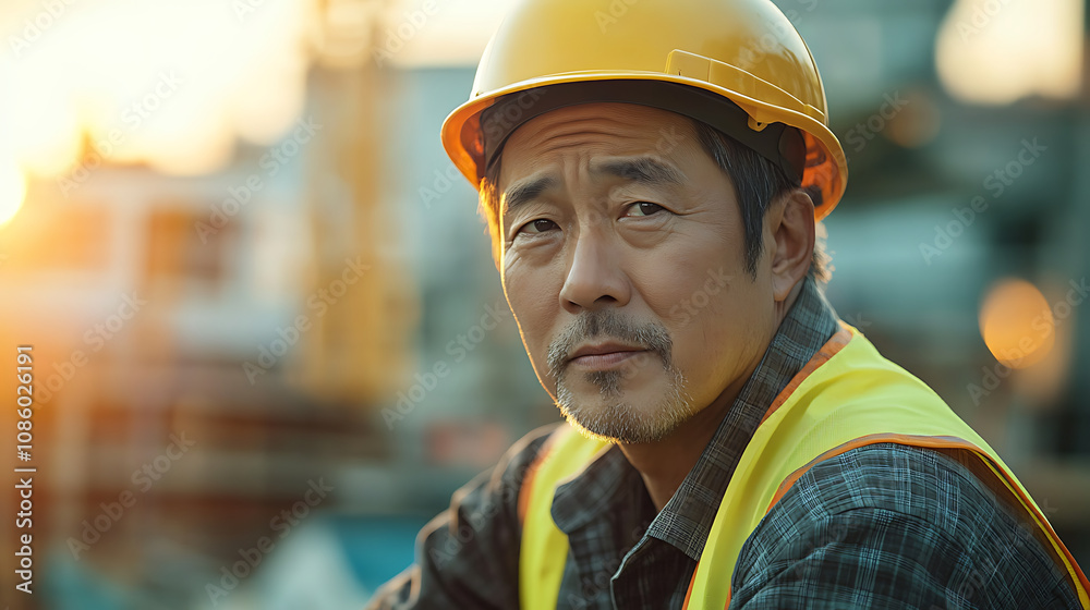 concerned Korean construction worker wearing yellow hard hat and safety vest looks thoughtfully into distance at construction site during sunset concerned Korean construction worker wearing yellow hard hat and safety vest looks thoughtfully into distance at construction site during sunset