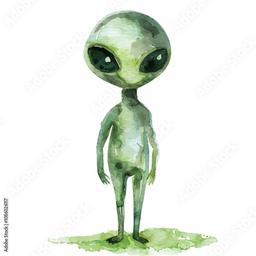 A watercolor drawing of an alien figurine, with large eyes, green skin, and an otherworldly pose, isolated on a white background. Alien figurine vector.