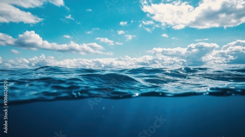 Fototapeta Naklejka Na Ścianę i Meble -  Blue sea or ocean water surface and underwater with sunny and cloudy sky