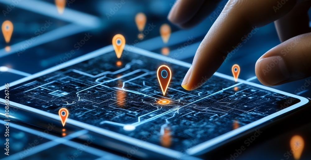 Fototapeta premium Smartphone App for Location Tracking and Adventure Planning for Electric Vehicles with Holographic Markers