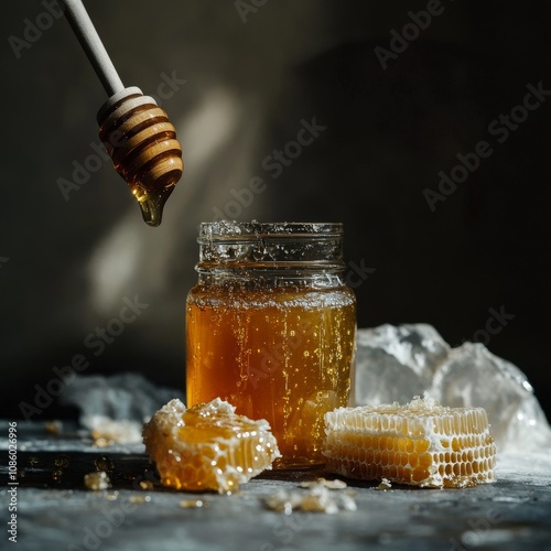 A glass jar of honey, a honey dipper, and honeycombs are shown. It's a natural food scene.