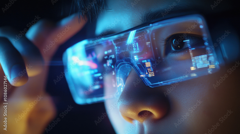 Close-Up of an Employee Utilizing Advanced Technology Insights Through Smart Glasses for Innovative Work and Enhanced Productivity in a Modern Workspace Close-Up of an Employee Utilizing Advanced Technology Insights Through Smart Glasses for Innovative Work and Enhanced Productivity in a Modern Workspace