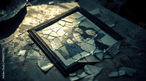 Broken Family Frame Among Shattered Glass Pieces Capturing the Fragility of Memories and Relationships in a Dimly Lit Setting