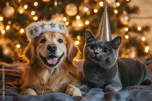 A dog and a cat celebrating the new year.AI Generation