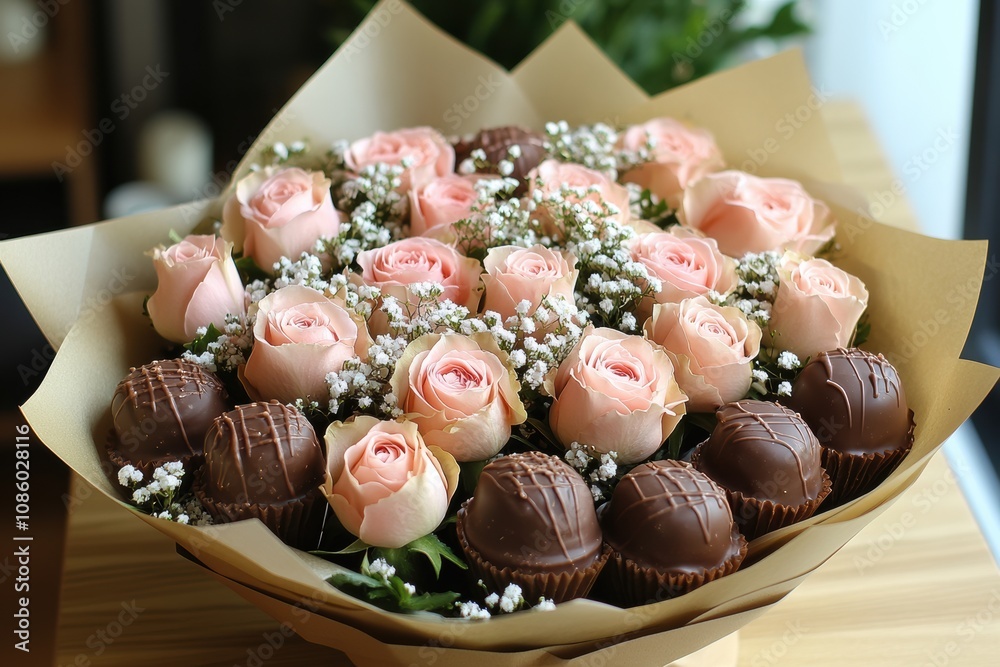 Elegant Bouquet of Pink Roses, Baby's Breath, and Chocolate Truffles Elegant Bouquet of Pink Roses, Baby's Breath, and Chocolate Truffles