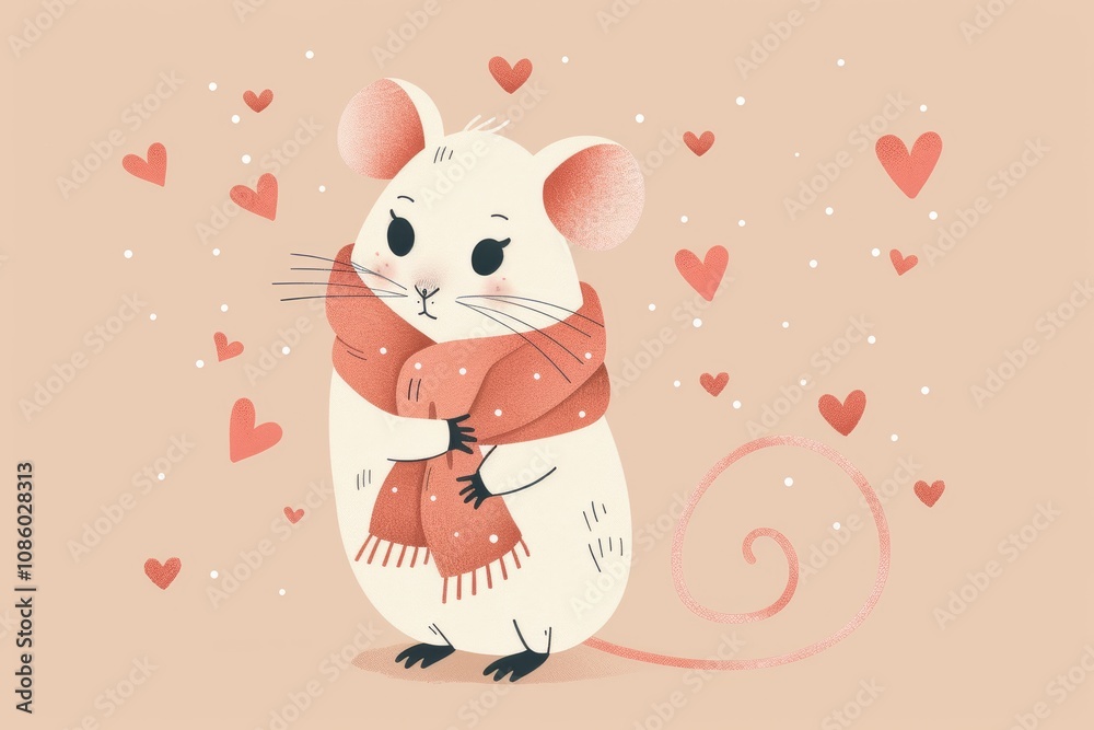 Cute mouse in cozy scarf amid floating hearts illustration Cute mouse in cozy scarf amid floating hearts illustration