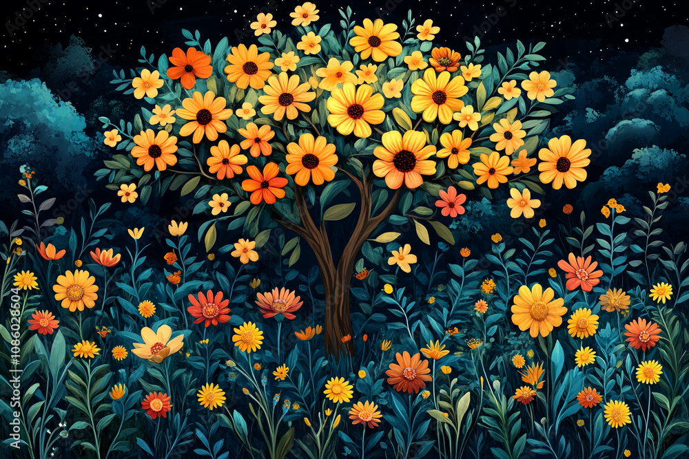 Obraz premium Night Blooming Flower Tree And Garden
