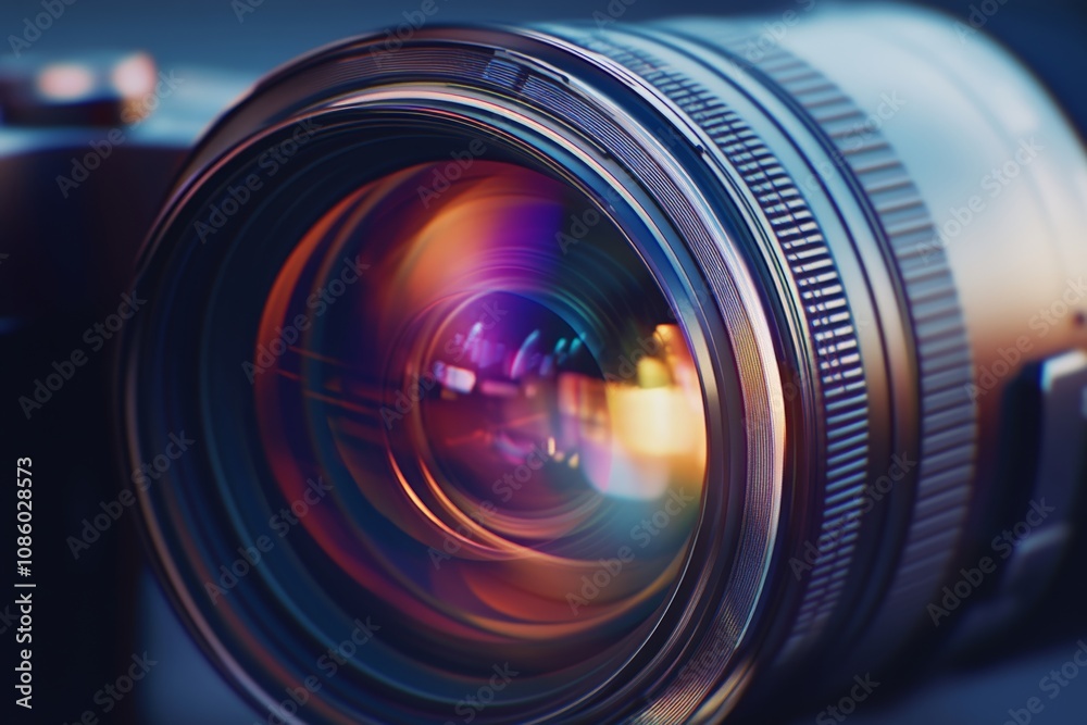 Close up of a professional camera lens with colorful reflections, ideal for photography and technology related projects Close up of a professional camera lens with colorful reflections, ideal for photography and technology related projects