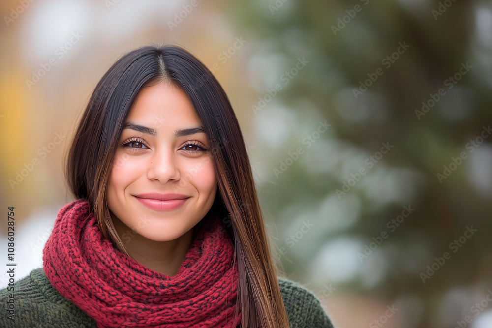 Latina woman in pine forest during Christmas season, portrait of a woman in a park Latina woman in pine forest during Christmas season, portrait of a woman in a park
