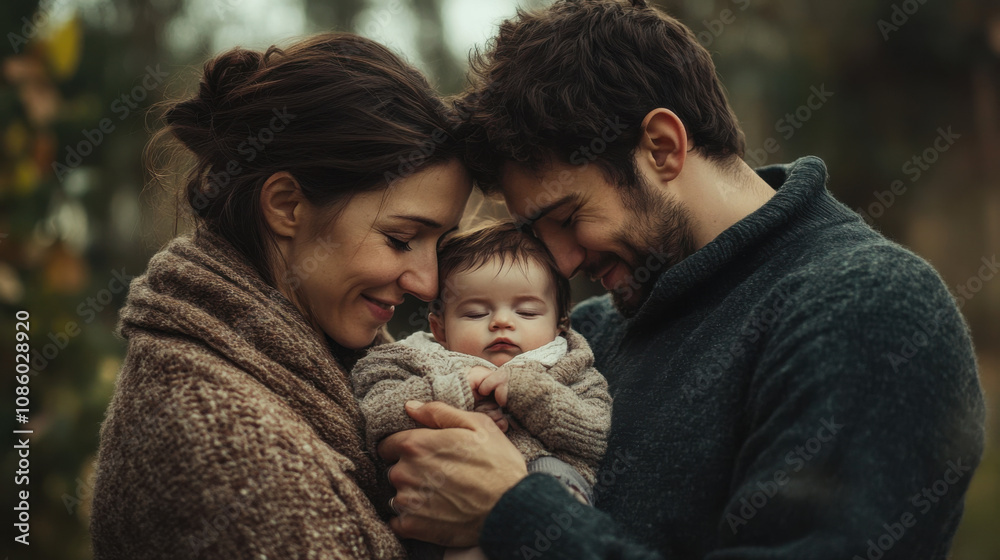 Father Cradling His Infant in Arms While Mother Smiles, Capturing a Beautiful Family Moment in Nature with Warm Clothing and Tender Expressions Father Cradling His Infant in Arms While Mother Smiles, Capturing a Beautiful Family Moment in Nature with Warm Clothing and Tender Expressions