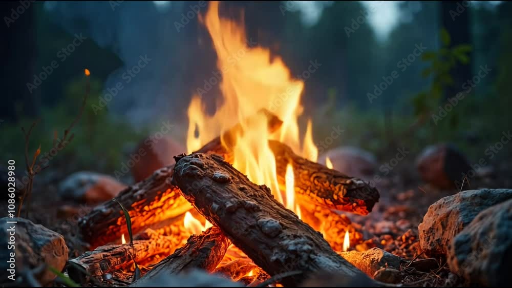 Dreamy, close-up view of a campfire with soft focus, emphasizing warm light against a cool background Dreamy, close-up view of a campfire with soft focus, emphasizing warm light against a cool background
