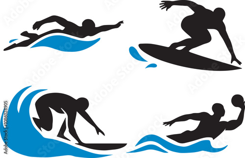 A Set of Water Sports Silhouette illustrations for Swimmer, Surfer, Diver, and Water Polo Player