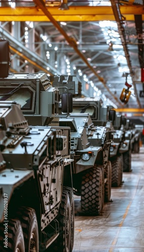 Armored military vehicles arranged in a factory highlighting the might and readiness of defense gear