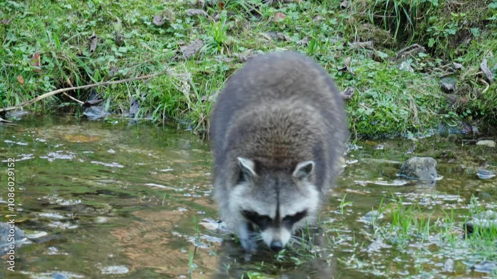 Raccoon is looking for food in the water Raccoon is looking for food in the water